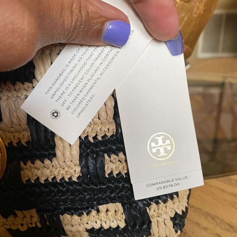 Tory Burch Willa Straw Small Shoulder Bag Black & Pale Khaki - Picture 8 of 14